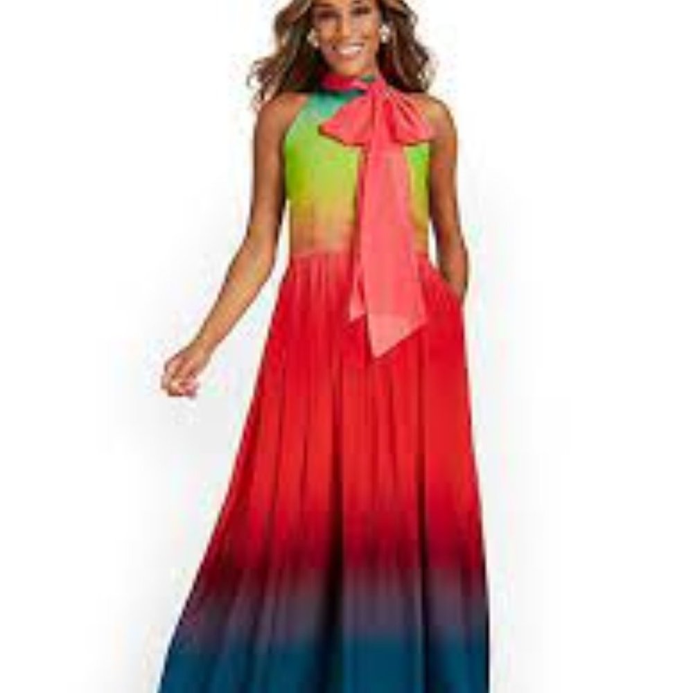New York & Company Green to Red to Blue Ombre Maxi Dress with Bow Neck